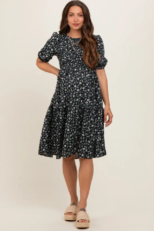 Black Floral Smocked Maternity Midi Dress