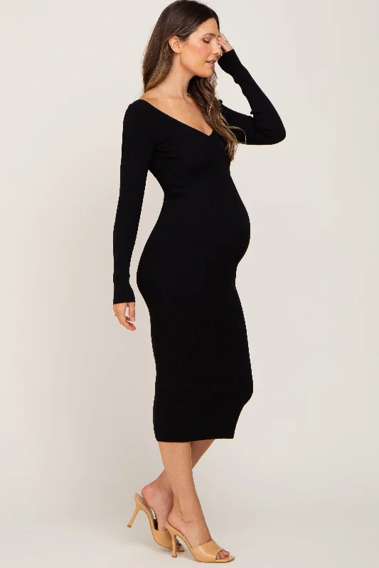 Black Knit Ribbed Maternity Midi Dress