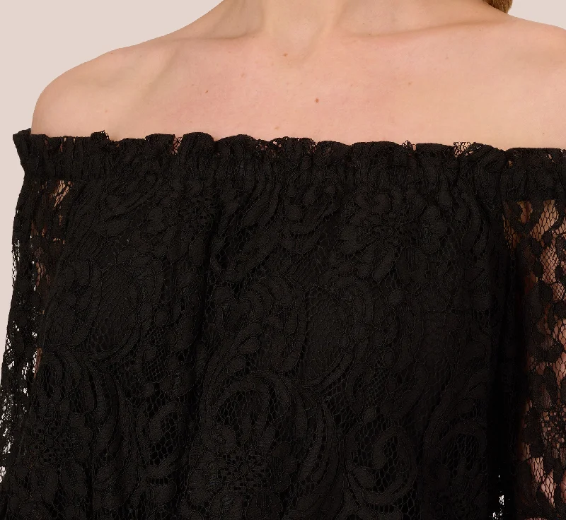 Black Off The Shoulder Crepe Jumpsuit With Lace Bodice In Black