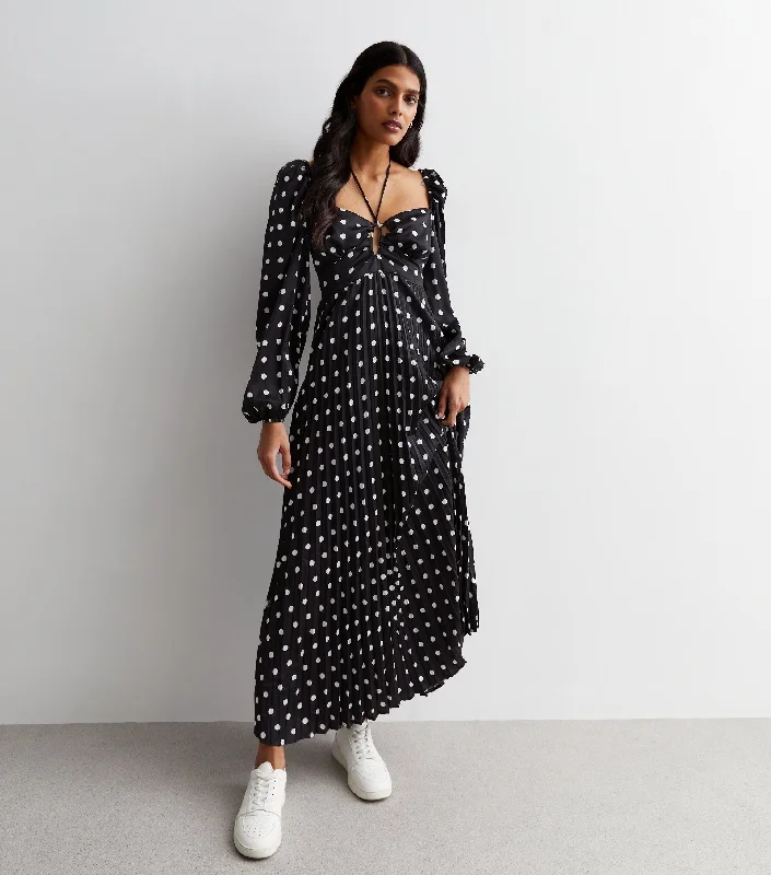 Black Polka Dot Pleated Cut Out Maxi Dress