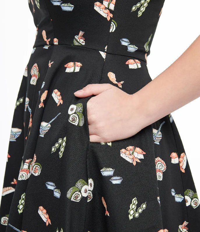 Black & Sushi Print Cotton Swing Dress