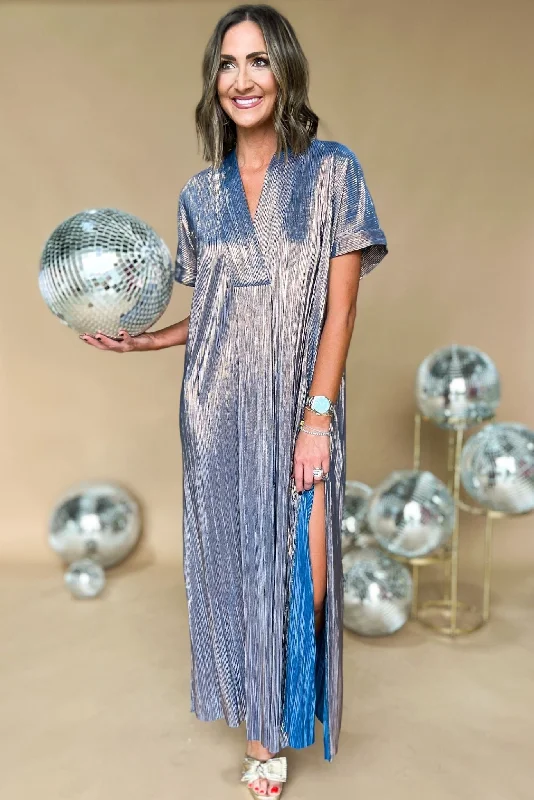 Karlie Blue Metallic V Neck Kaftan Slit Dress