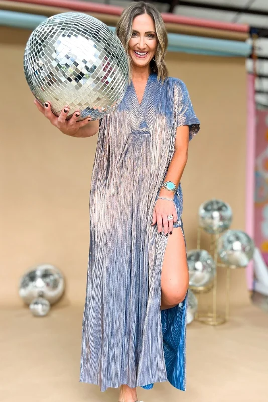 Karlie Blue Metallic V Neck Kaftan Slit Dress