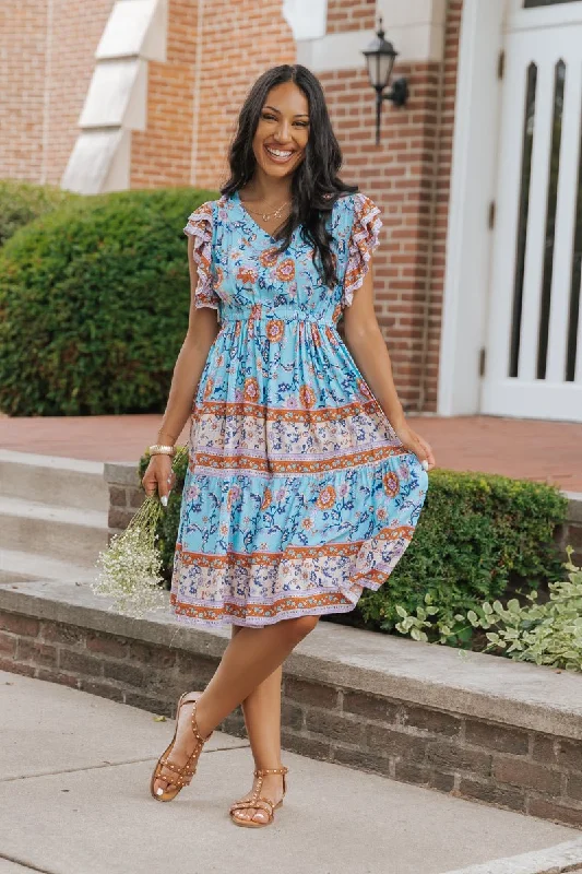 Blue Multi Border Print Pleated Midi Dress