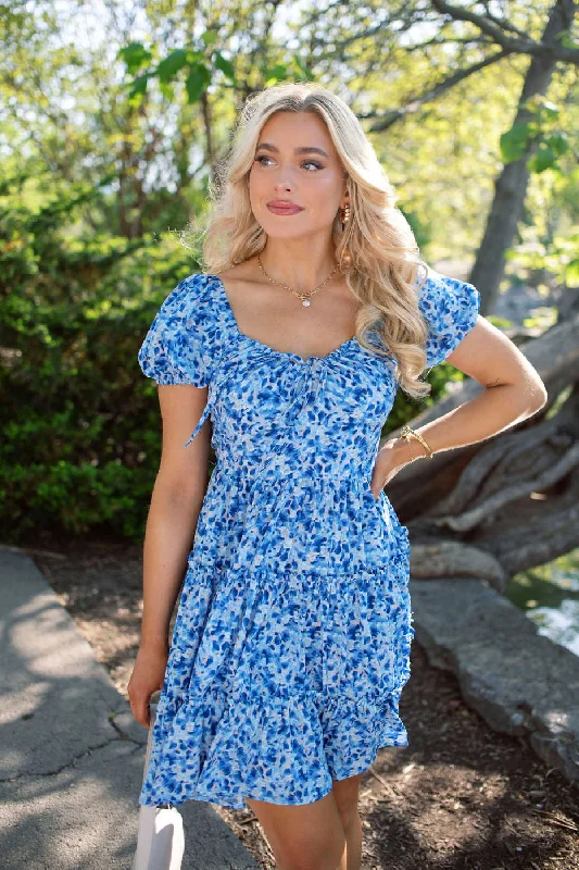 Blue Print Puff Sleeve Tiered Mini Dress - FINAL SALE