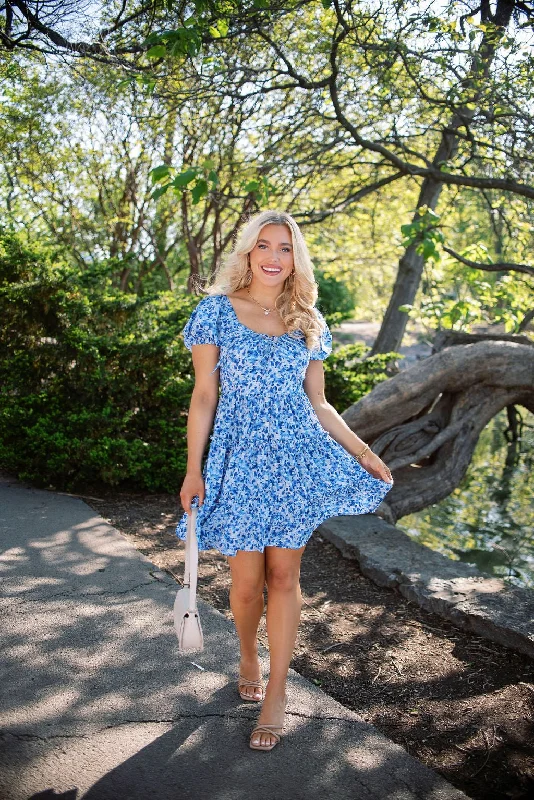 Blue Print Puff Sleeve Tiered Mini Dress - FINAL SALE