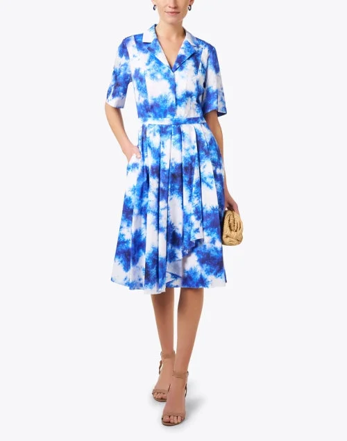 Blue Watercolor Print Shirt Dress