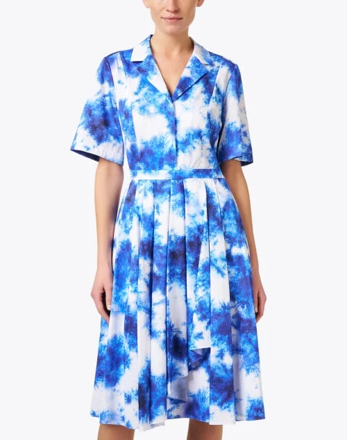 Blue Watercolor Print Shirt Dress