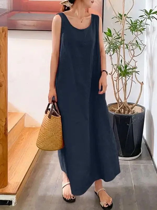 Women’s Solid Color Linen Crew Neck Maxi Dress