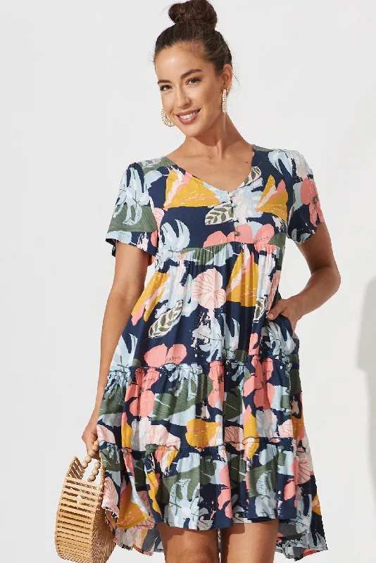 Brisha Smock Dress In Navy With Tropical Floral