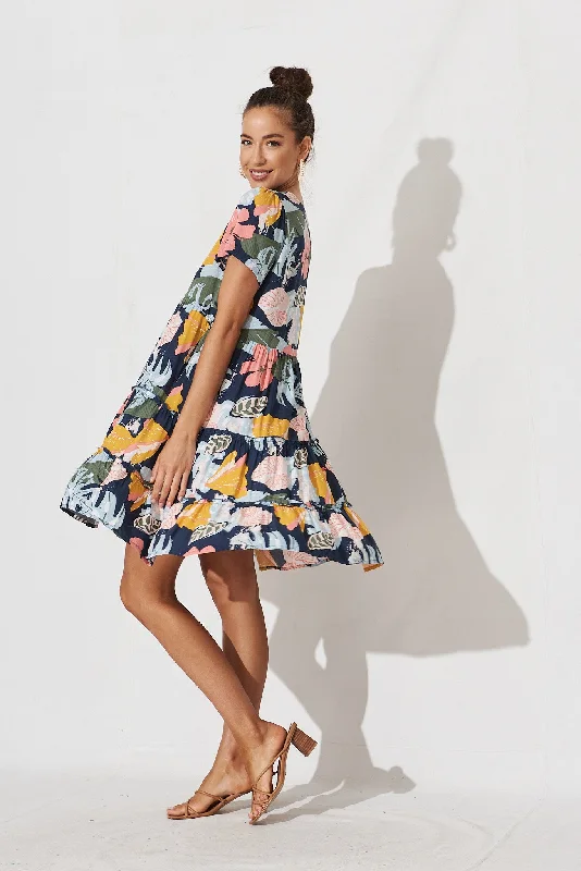 Brisha Smock Dress In Navy With Tropical Floral