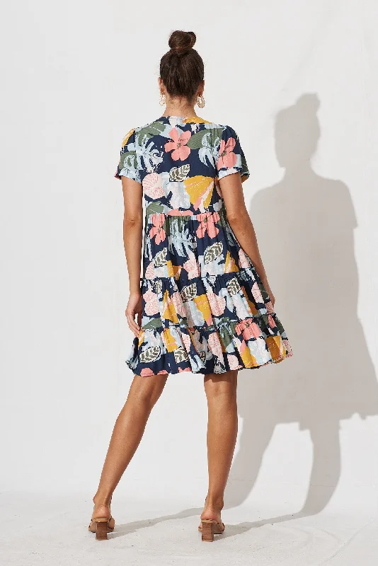 Brisha Smock Dress In Navy With Tropical Floral