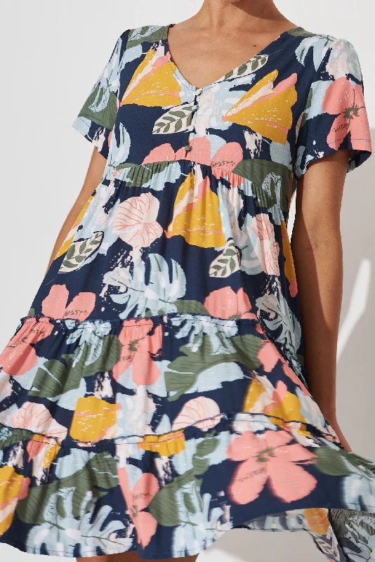 Brisha Smock Dress In Navy With Tropical Floral