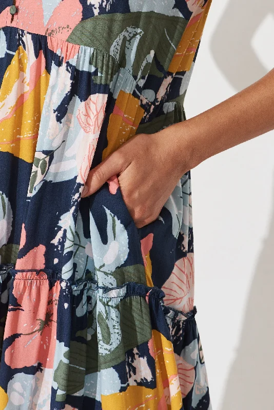 Brisha Smock Dress In Navy With Tropical Floral