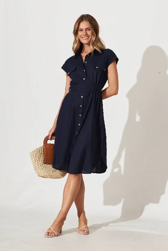 Brittany Midi Shirt Dress In Navy Cotton Linen