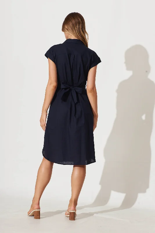 Brittany Midi Shirt Dress In Navy Cotton Linen