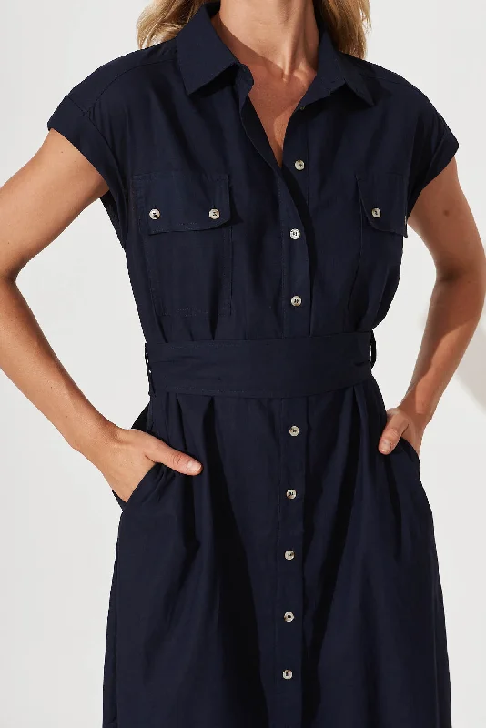 Brittany Midi Shirt Dress In Navy Cotton Linen