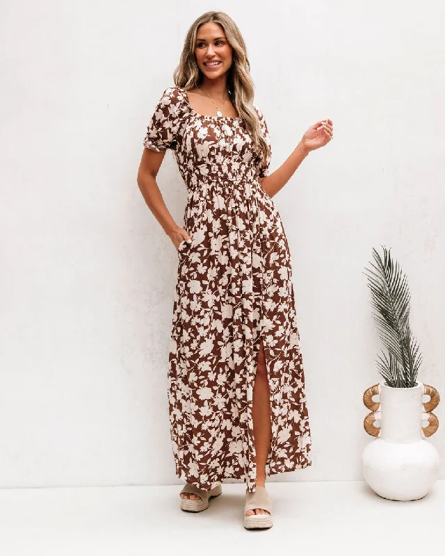 Brown Floral Print Slit Maxi Dress