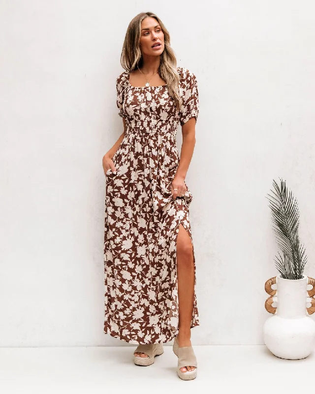 Brown Floral Print Slit Maxi Dress