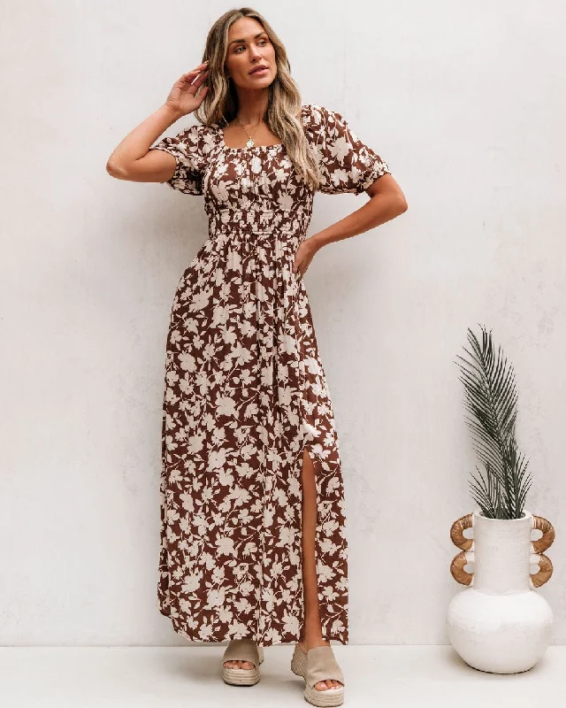 Brown Floral Print Slit Maxi Dress