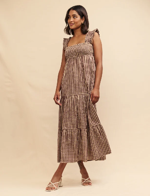 Brown Gingham Check Maya Smock Midi Dress