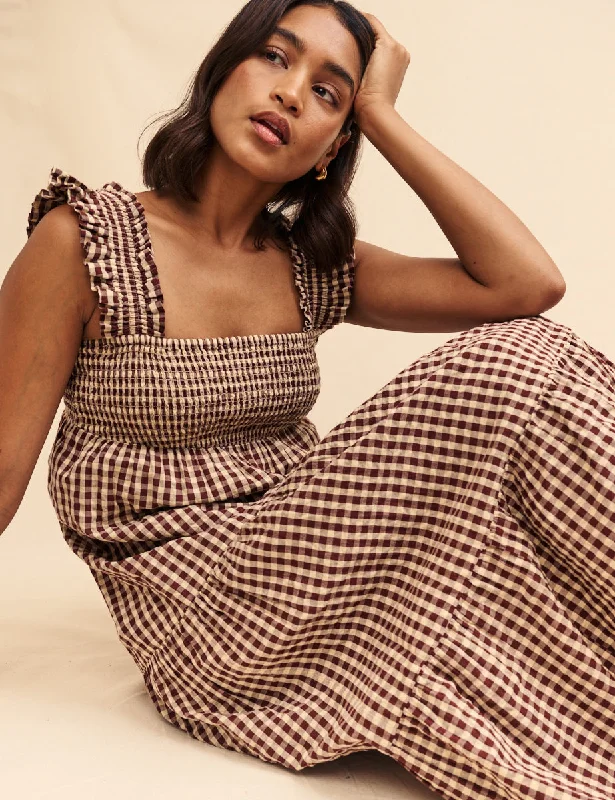 Brown Gingham Check Maya Smock Midi Dress