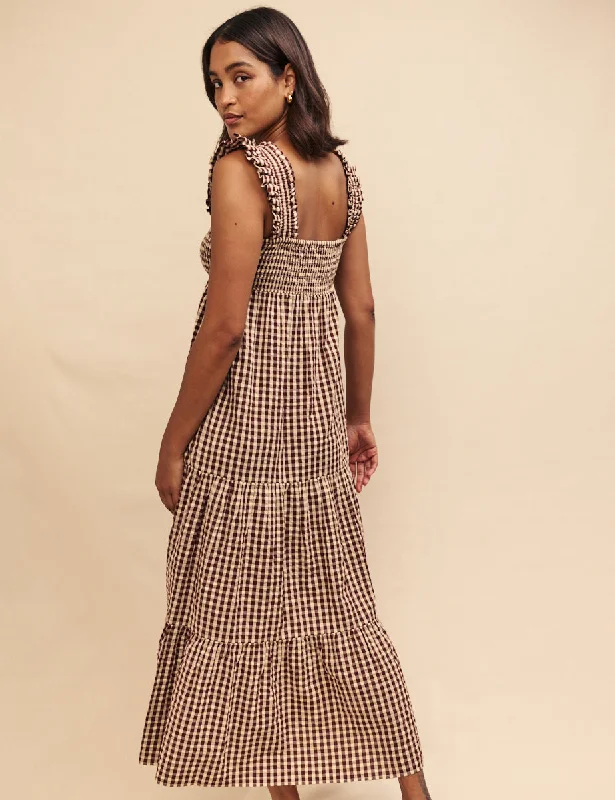 Brown Gingham Check Maya Smock Midi Dress