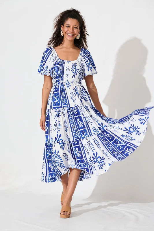 Butterfly Midi Dress In Cobalt With White Print