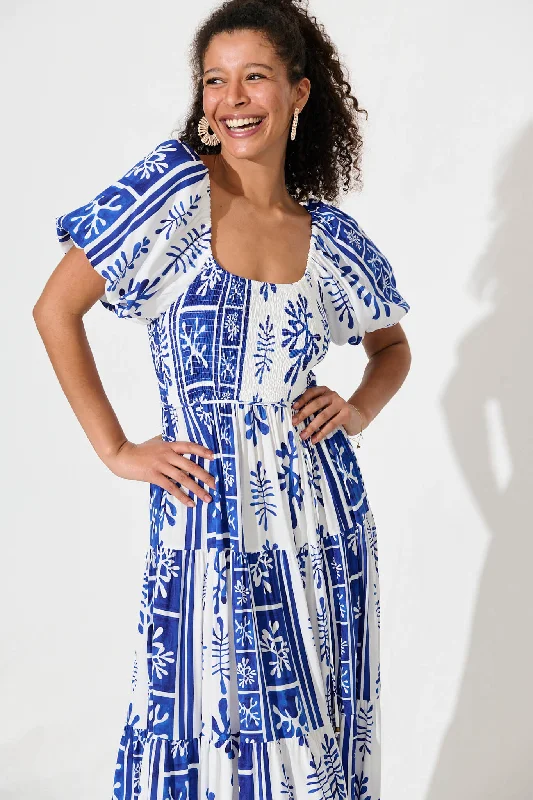 Butterfly Midi Dress In Cobalt With White Print