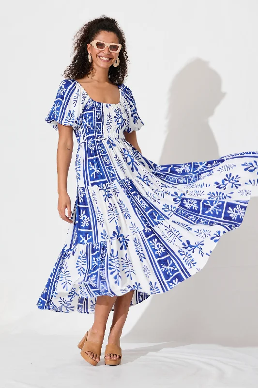 Butterfly Midi Dress In Cobalt With White Print