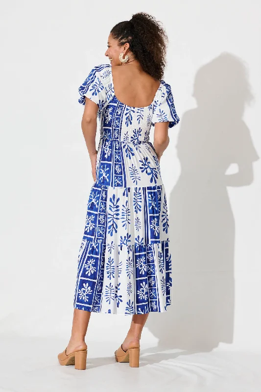 Butterfly Midi Dress In Cobalt With White Print