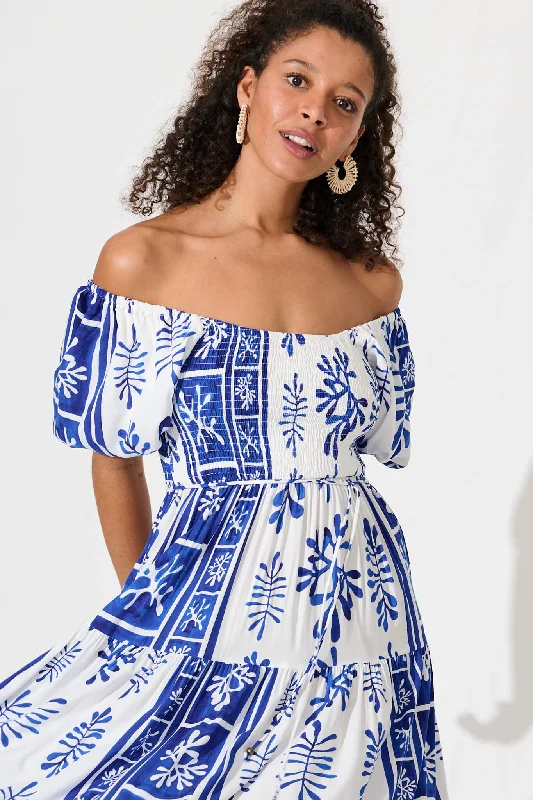 Butterfly Midi Dress In Cobalt With White Print