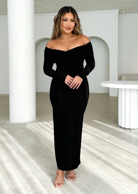 Calypso Off Shoulder Knit Maxi Dress - Black