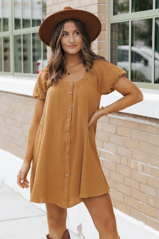 Camel Puff Sleeve Button Down Mini Dress