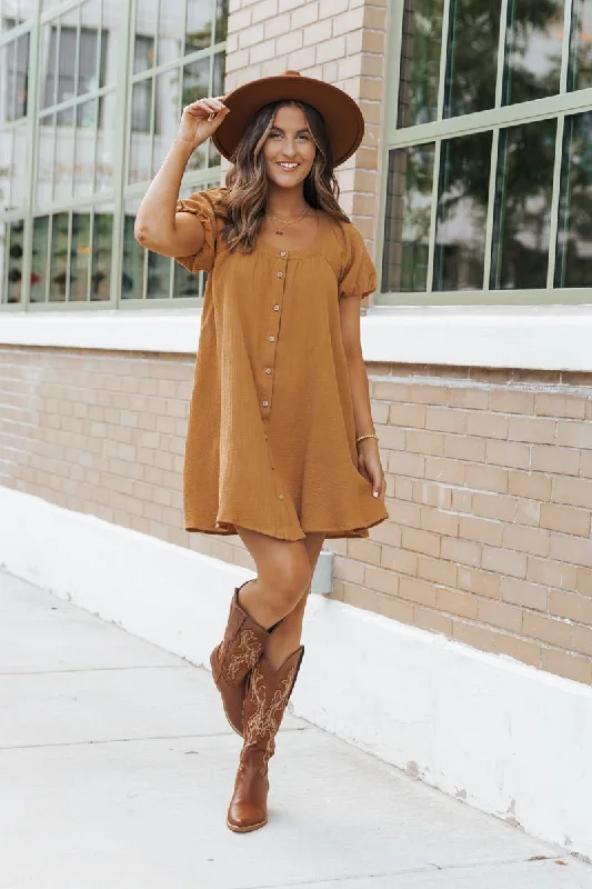 Camel Puff Sleeve Button Down Mini Dress