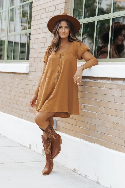 Camel Puff Sleeve Button Down Mini Dress