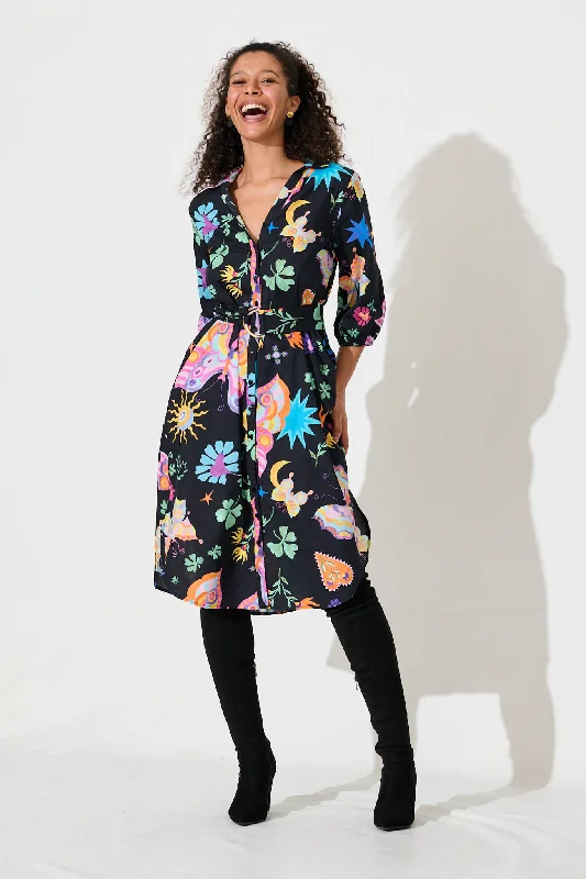 Camellia Midi Shirt Dress In Black With Multi Cotton