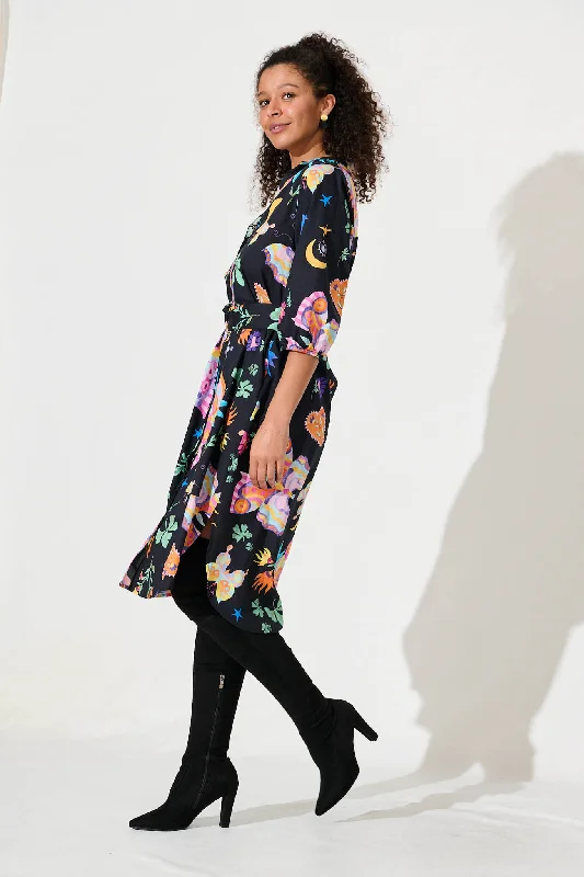 Camellia Midi Shirt Dress In Black With Multi Cotton