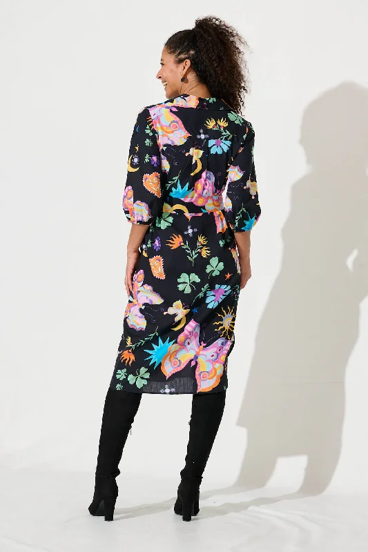 Camellia Midi Shirt Dress In Black With Multi Cotton