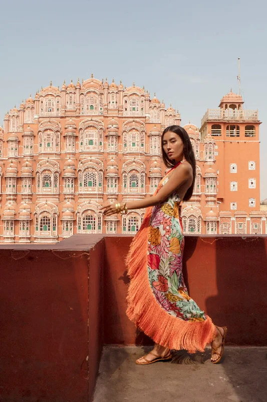 CAPRI LONG DRESS TAHITI PRINT / ORANGE FRINGES