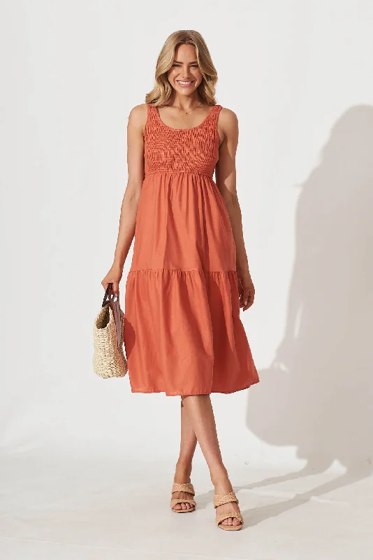 Caribbean Midi Dress In Rust Cotton Linen