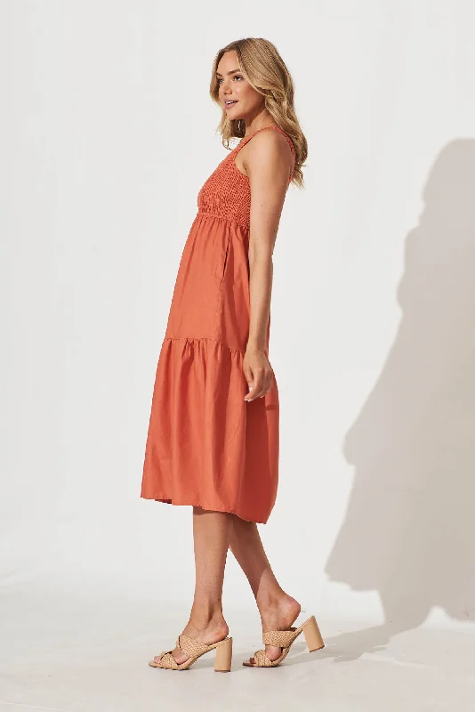 Caribbean Midi Dress In Rust Cotton Linen