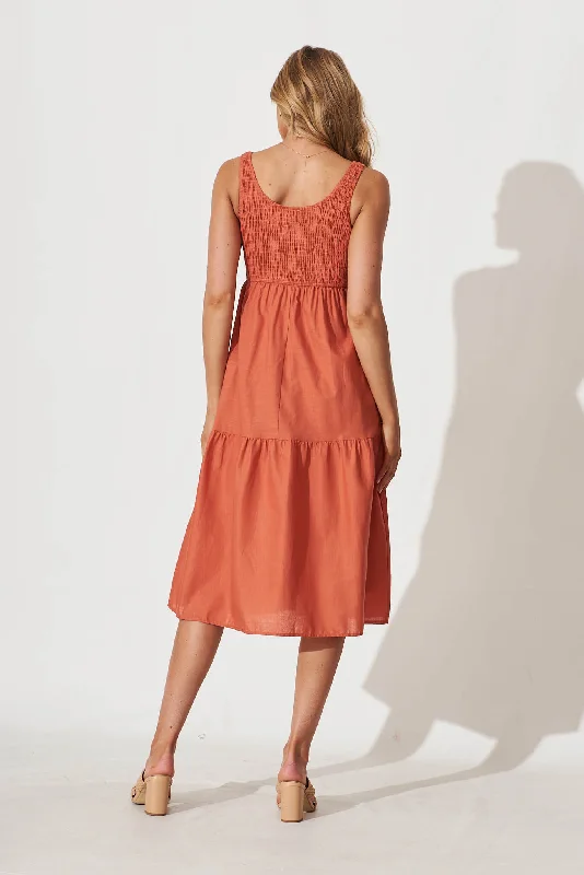 Caribbean Midi Dress In Rust Cotton Linen