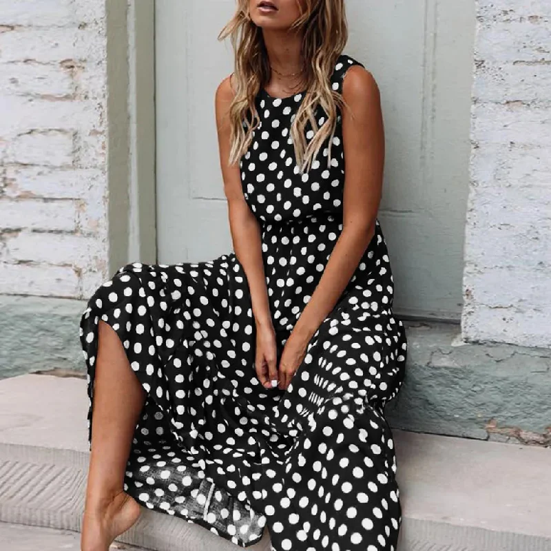 Amy Fashion - Casual Versatile Sleeveless Round Neck Polka Dot Boho Dress