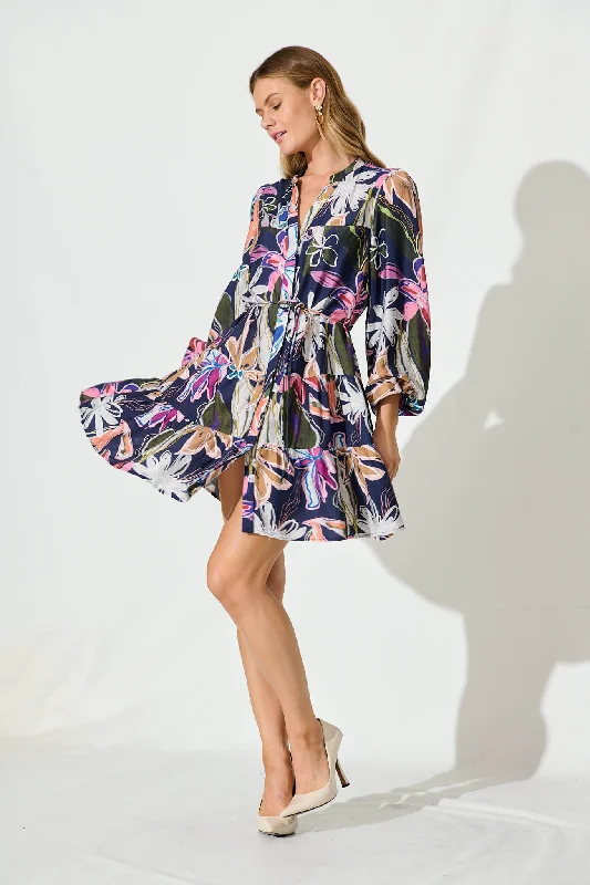 Celestia Dress In Navy Multi Flower Cotton Blend