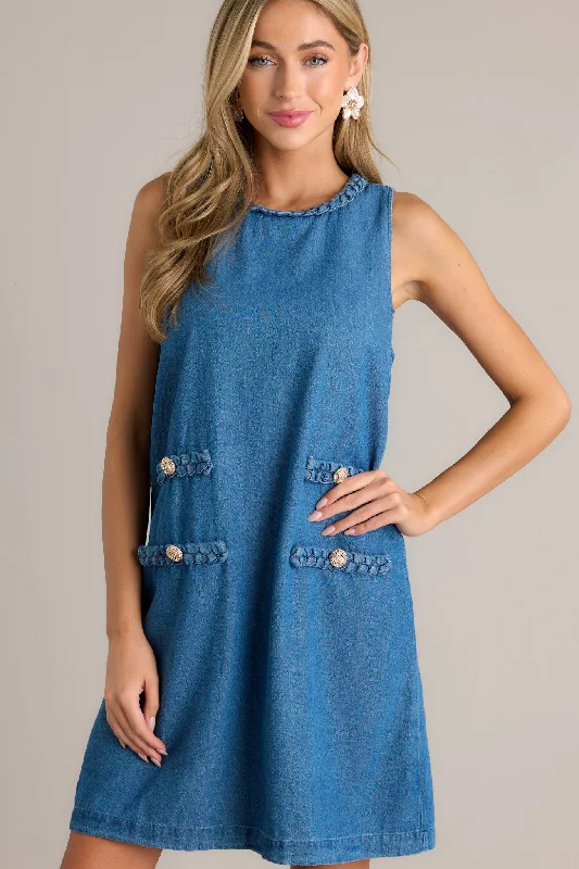 Chic Charm 100% Cotton Medium Wash Chambray Mini Dress