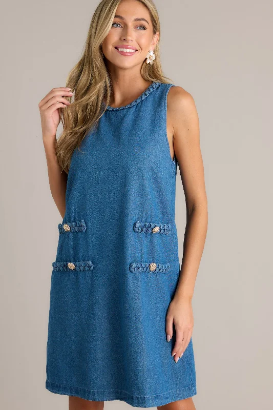 Chic Charm 100% Cotton Medium Wash Chambray Mini Dress