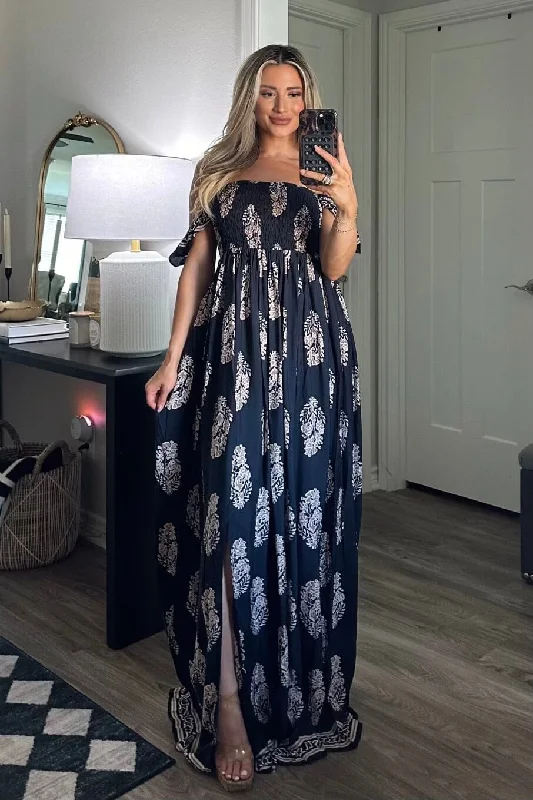 Sand in Your Toes Smocked Maxi Dress: Navy Multi