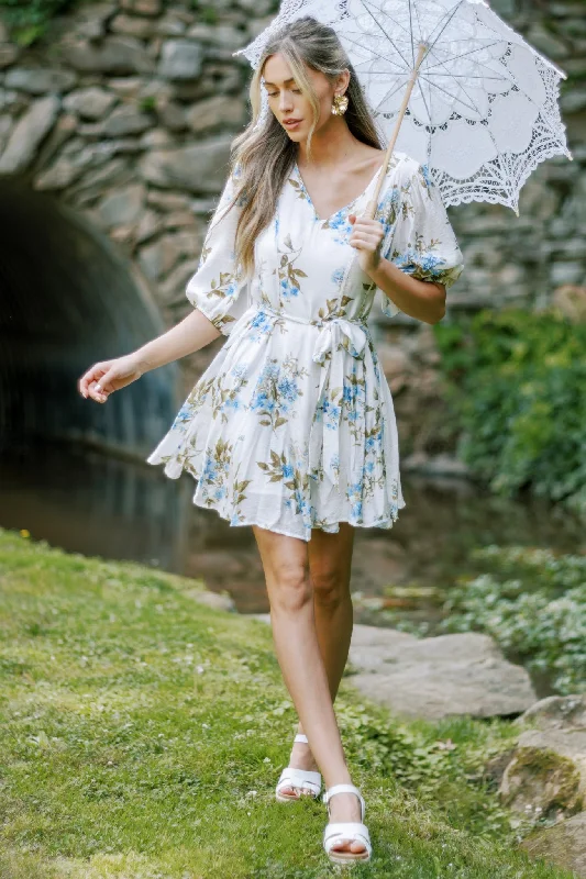 Cobalt Cosmos Blue Floral Quarter Sleeve Mini Dress