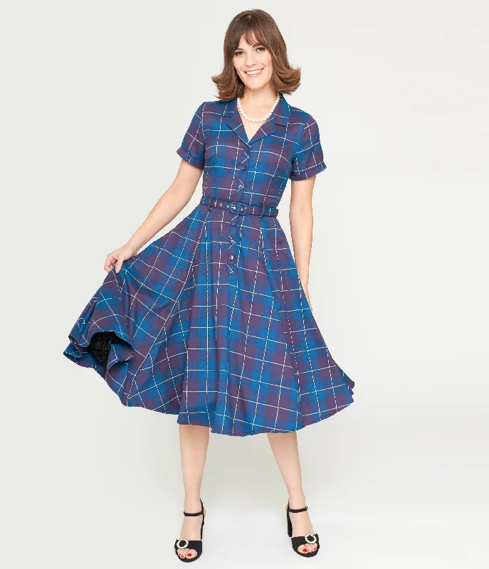 Collectif Teal & Purple Checkered Caterina Swing Dress